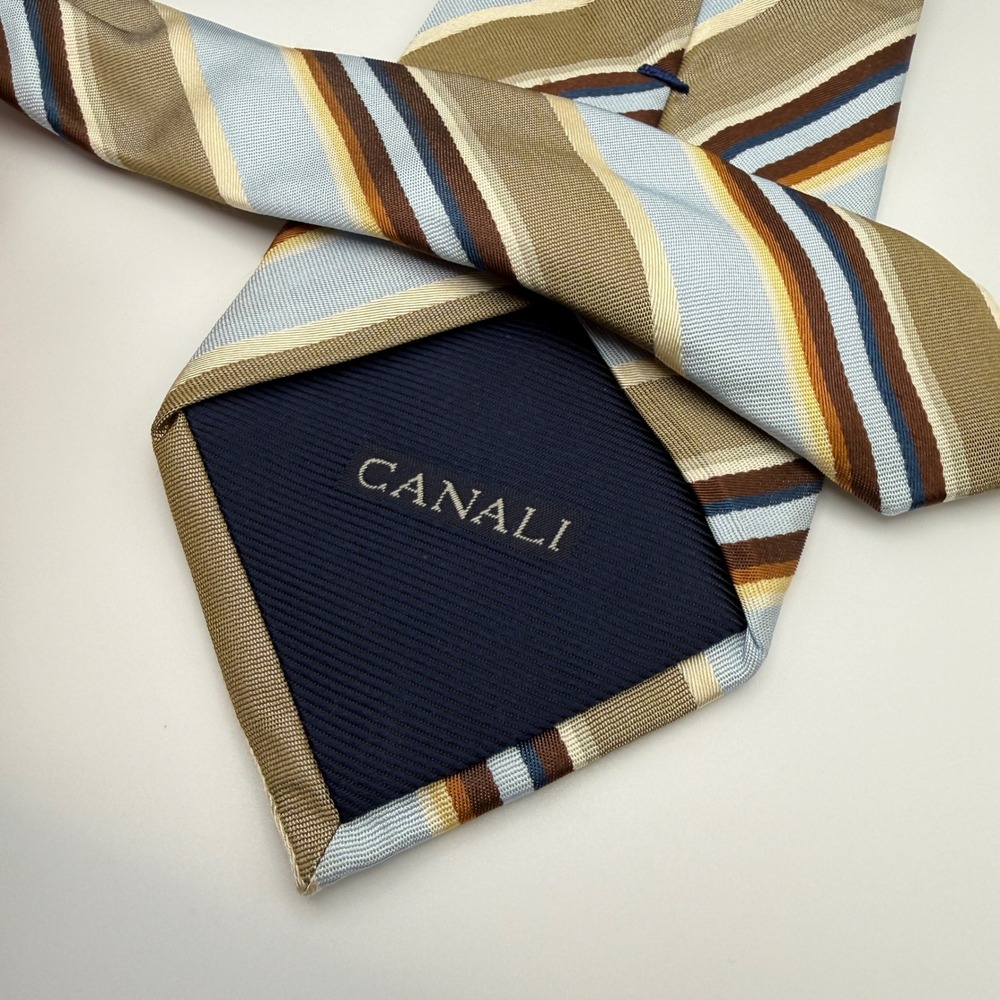 Canali Necktie Mens One Size Blue Tan Brown Striped 100% Silk Made in‎ Italy